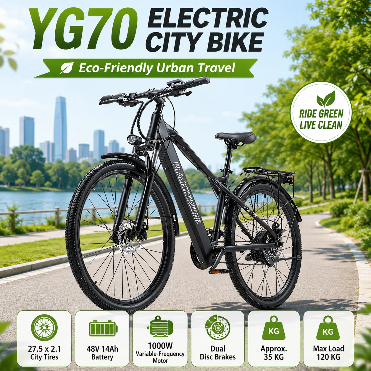 27.5 Inch Electric City Bike for Adults YG70 1000W Motor E-Bike 48V 14Ah Long Range Battery Dual Disc Brake Commuter Bicycle
27.5 Inch Electric City Bike for Adults YG70 1000W Motor E-Bike 48V 14Ah Long Range Battery Dual Disc Brake Commuter Bicycle