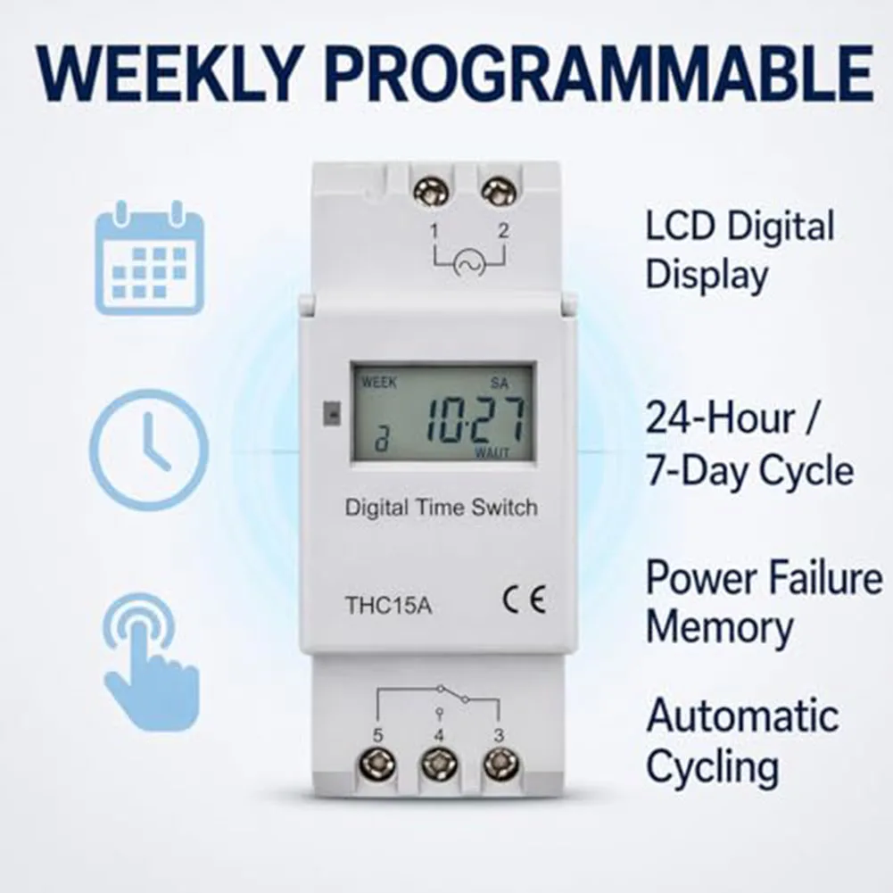 Programmable Time Switch Box for DIN Rail Installation with 1-Minute Timing Range Up to 168 Hours and 16 On/Off Cycles
Programmable Time Switch Box for DIN Rail Installation with 1-Minute Timing Range Up to 168 Hours and 16 On/Off Cycles