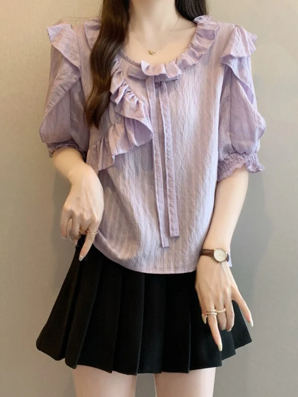 Purple Bell Sleeve Short Sleeve Shirt Women's Beautiful Top Shoulder Width Regular Length Korean Style Commute Fashion plus Size
Purple Bell Sleeve Short Sleeve Shirt Women's Beautiful Top Shoulder Width Regular Length Korean Style Commute Fashion plus Size