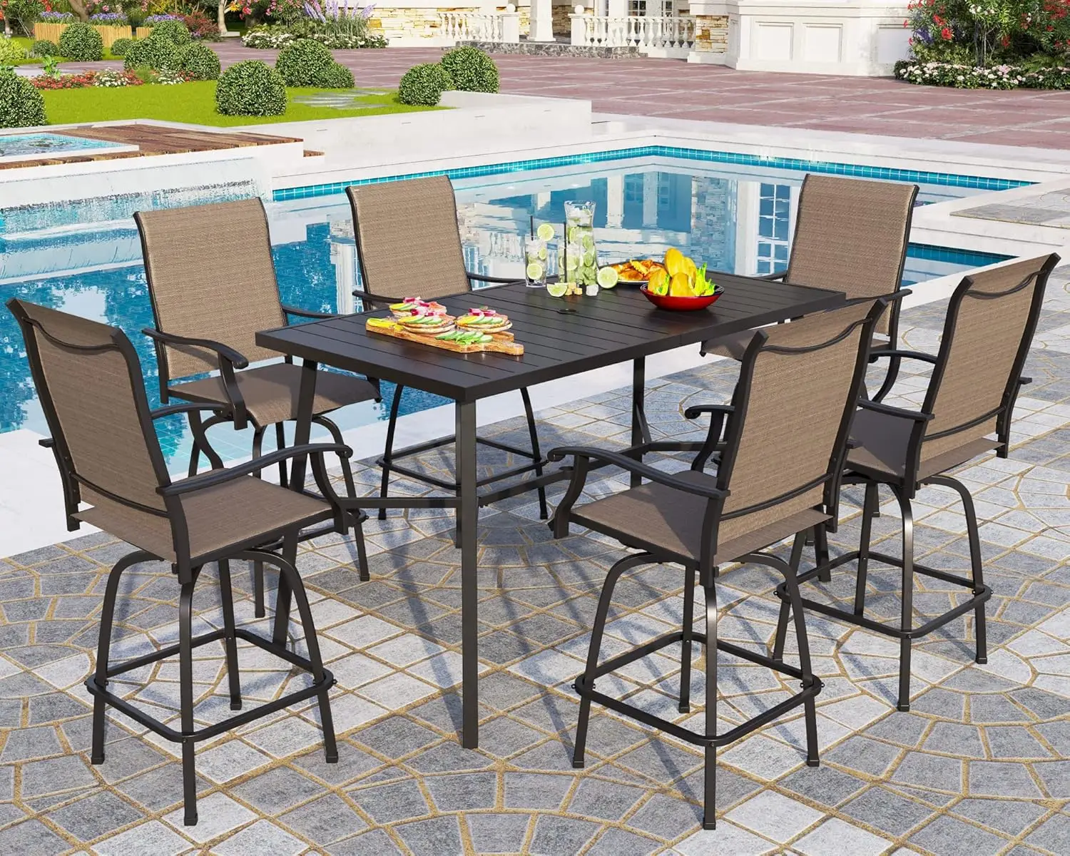 7 Piece High Patio Bar Dining Set, Bar Height Outdoor Table and Chairs Patio Furniture Set with 6 Patio Swivel Bar, Customized
7 Piece High Patio Bar Dining Set, Bar Height Outdoor Table and Chairs Patio Furniture Set with 6 Patio Swivel Bar, Customized
