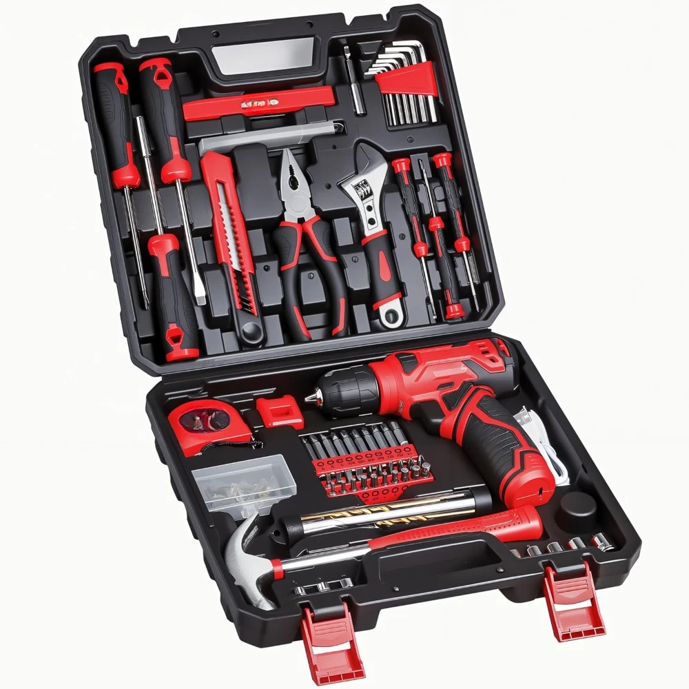 Toolkit with 8V cordless drill, 132 toolboxes and drills, family toolkit for men and women
Toolkit with 8V cordless drill, 132 toolboxes and drills, family toolkit for men and women