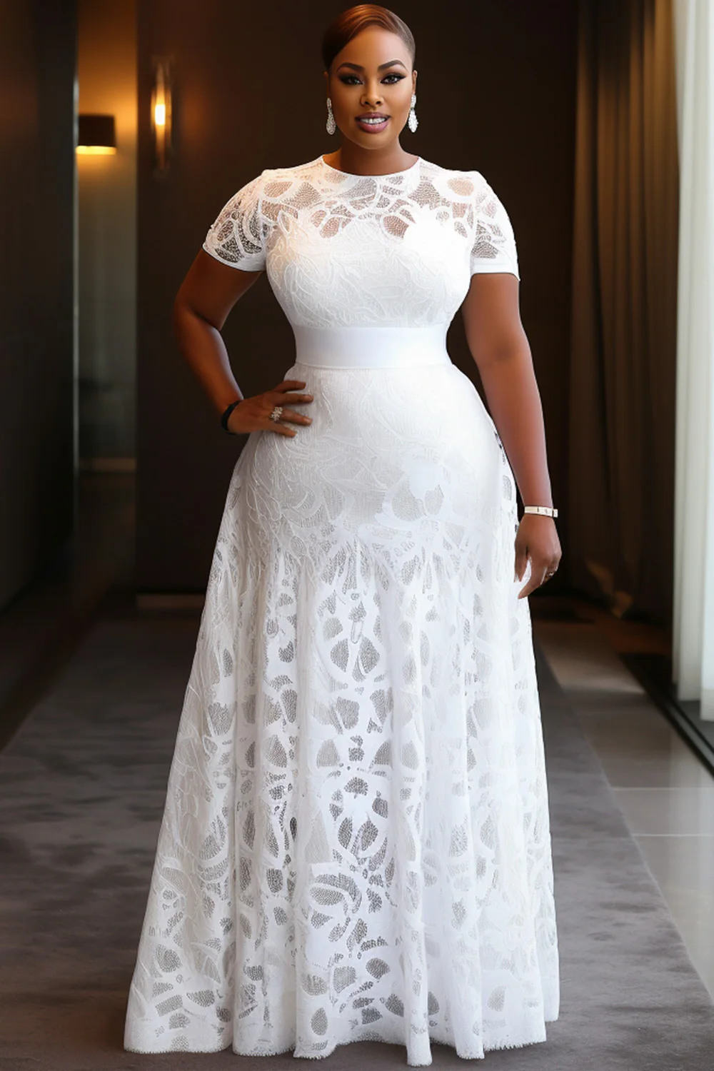 Plus Size Wedding White Round Neck Short Sleeve Elegant Guipure Lace Maxi Dresses
Plus Size Wedding White Round Neck Short Sleeve Elegant Guipure Lace Maxi Dresses