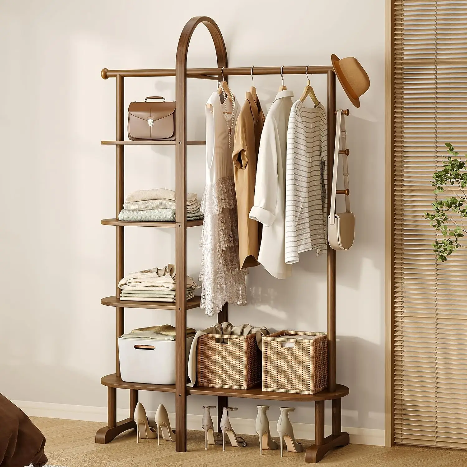41.3" Wide 3-in-1 Freestanding Clothing Rack, Wooden Coat Rack with 4 Shelves and 5 Hooks, Solid Rubber Wood Coat, Customized
41.3" Wide 3-in-1 Freestanding Clothing Rack, Wooden Coat Rack with 4 Shelves and 5 Hooks, Solid Rubber Wood Coat, Customized