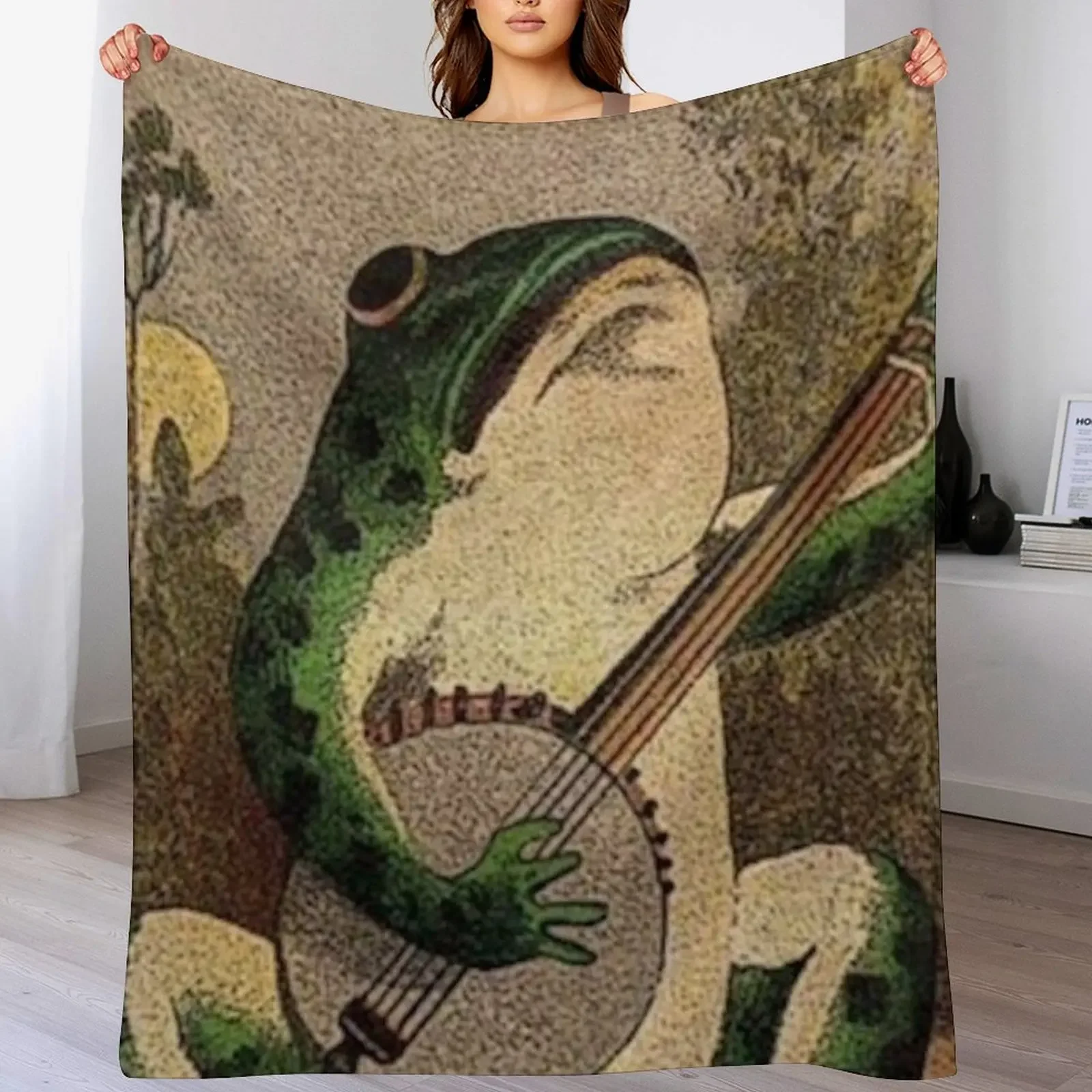 FROG WITH BANJO, VINTAGE ILLUSTRATION - ARTIST UNKNOWN Throw Blanket Color Fast Cozy Throw Blanket
FROG WITH BANJO, VINTAGE ILLUSTRATION - ARTIST UNKNOWN Throw Blanket Color Fast Cozy Throw Blanket