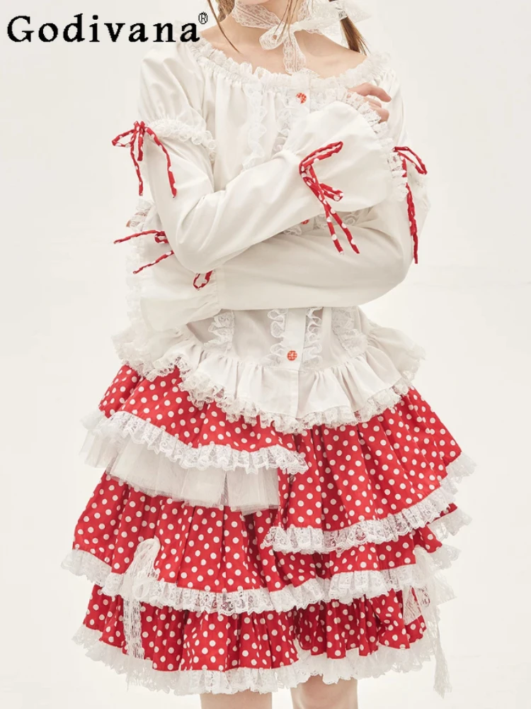 Summer Vintage Cute Red Print Lolita Elastic Waist Cake Skirt Sweet Girl Elegant Bow White Loose Slash Neck Short Sleeve Shirt
Summer Vintage Cute Red Print Lolita Elastic Waist Cake Skirt Sweet Girl Elegant Bow White Loose Slash Neck Short Sleeve Shirt