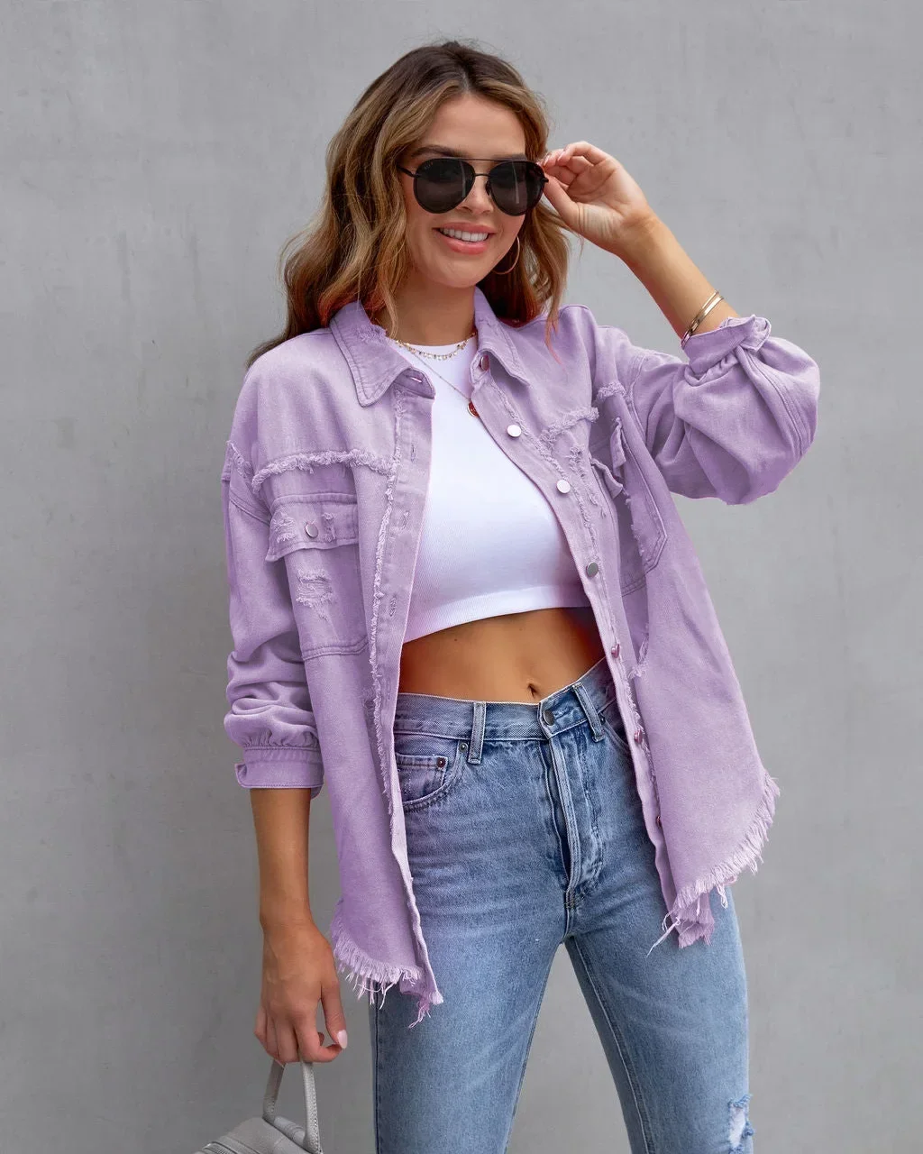 Women Shirt Style Jean Coat Casual Denim Holes Splicing Pocket Raw-edge Rose-Red Orange Purple Outerwear Lady Jacket Top
Women Shirt Style Jean Coat Casual Denim Holes Splicing Pocket Raw-edge Rose-Red Orange Purple Outerwear Lady Jacket Top