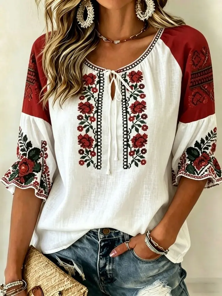 Women's Red & White Floral Embroidered Tie Neck Blouse, Casual Loose Tops for Spring Summer Daily Wear & Vacation Occasions
Women's Red & White Floral Embroidered Tie Neck Blouse, Casual Loose Tops for Spring Summer Daily Wear & Vacation Occasions