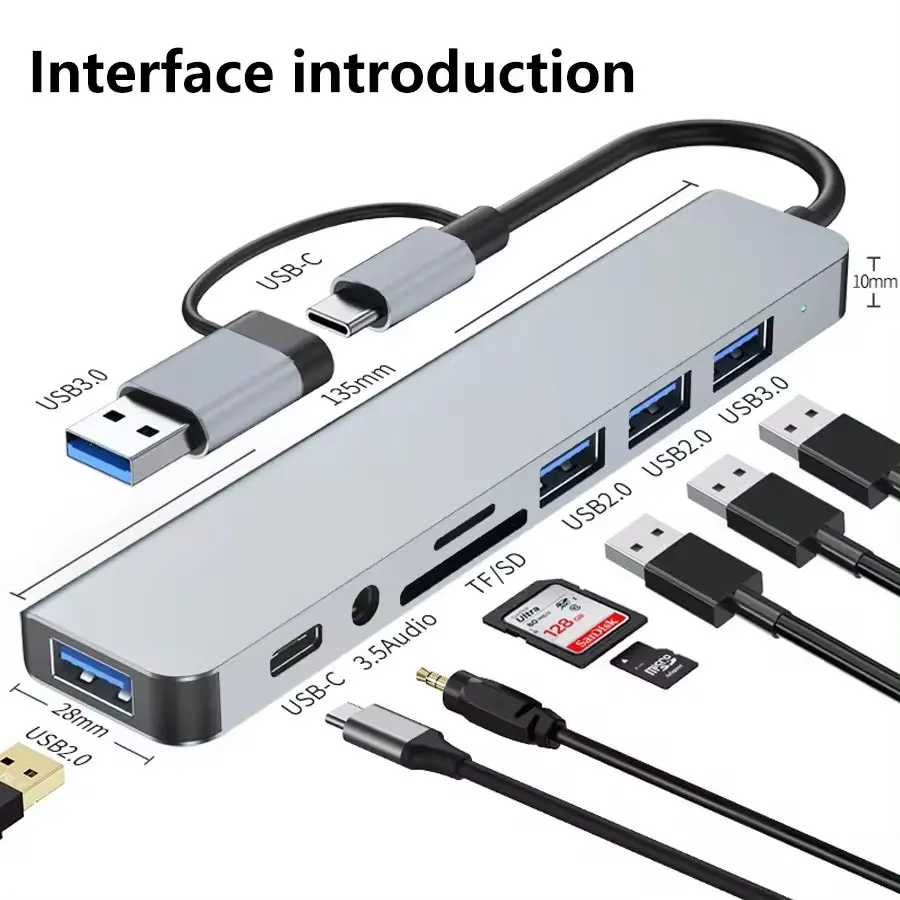 USB-концентратор 8 в 1, мульти-USB-разветвитель, USB-док-станция, несколько расширителей, высокая скорость для компьютерных аксессуаров
USB-концентратор 8 в 1, мульти-USB-разветвитель, USB-док-станция, несколько расширителей, высокая скорость для компьютерных аксессуаров