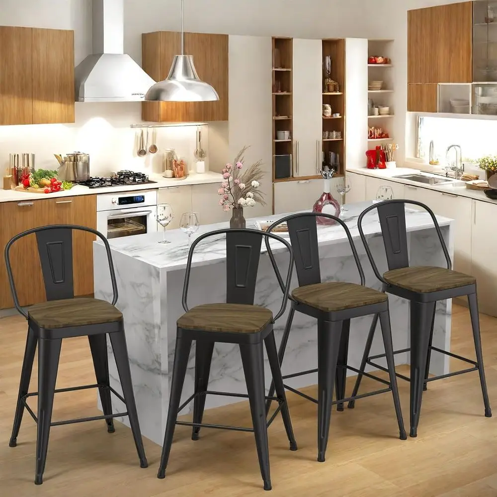 Set of 4 High Back Counter Height Bar Stools, Wooden Seats, Matte Black Metal Industrial Style
Set of 4 High Back Counter Height Bar Stools, Wooden Seats, Matte Black Metal Industrial Style