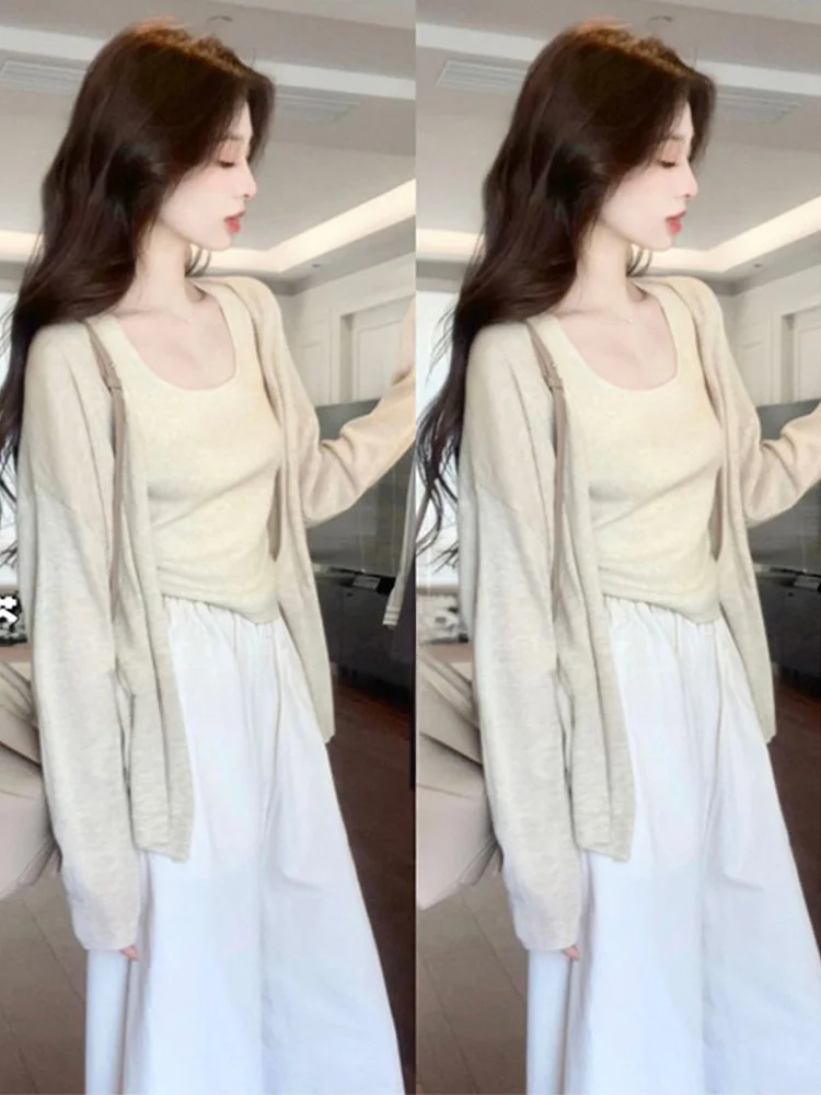 Spring Fashion Knitted Cardigan Tank Top Wide Leg Pants Salt System Three Piece Set New 2025 Light Tawny Color Full Outfit
Spring Fashion Knitted Cardigan Tank Top Wide Leg Pants Salt System Three Piece Set New 2025 Light Tawny Color Full Outfit