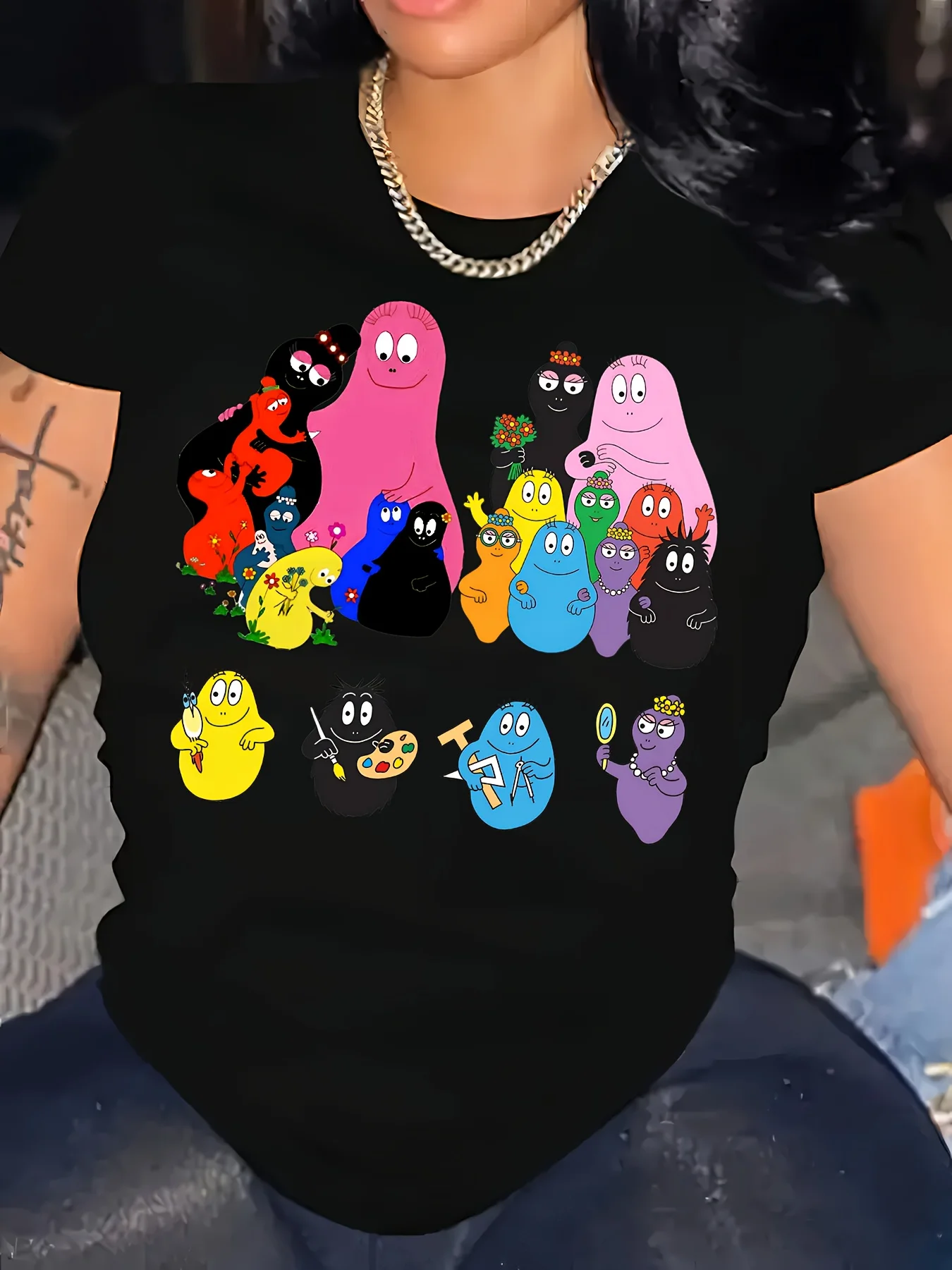 Plus - Size Black Round Neck T - Shirt with Colorful Cartoon Monster Print: Playful and Nostalgic
Plus - Size Black Round Neck T - Shirt with Colorful Cartoon Monster Print: Playful and Nostalgic