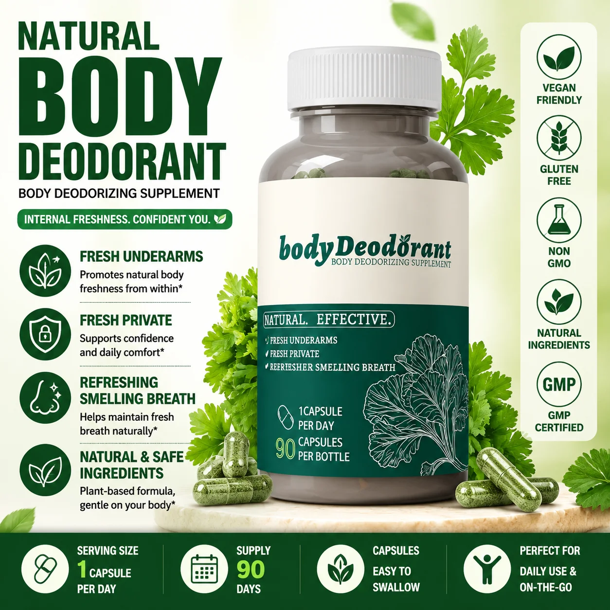 Body Deodorizer Capsules with Parsley & Peppermint, Vegan Non-GMO 90 Capsules, Supports Daily Confidence & Fresh Breath
Body Deodorizer Capsules with Parsley & Peppermint, Vegan Non-GMO 90 Capsules, Supports Daily Confidence & Fresh Breath