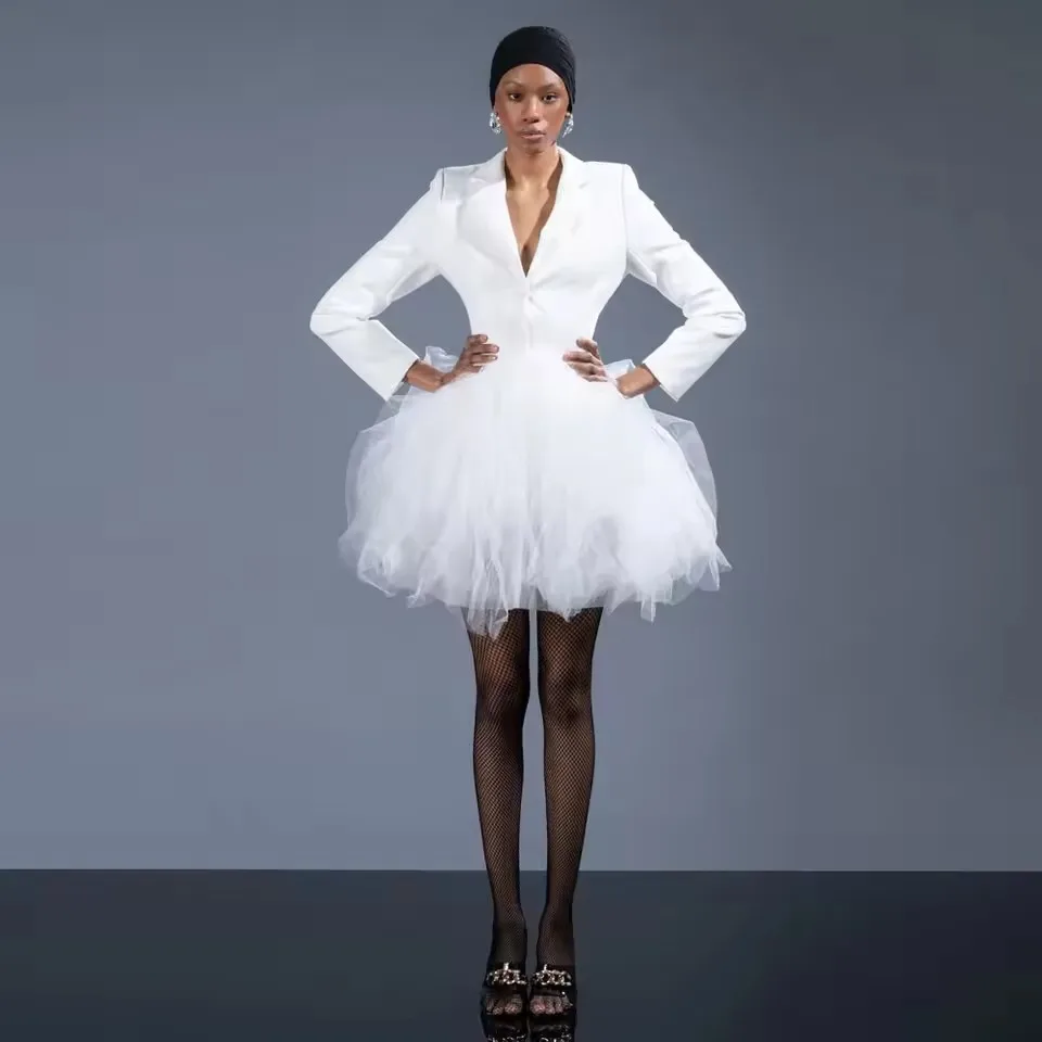 Fashion White High Stretchy White Women Blazer Dresses With Ruched Tulle Details Female Mini Dress Outerwear
Fashion White High Stretchy White Women Blazer Dresses With Ruched Tulle Details Female Mini Dress Outerwear