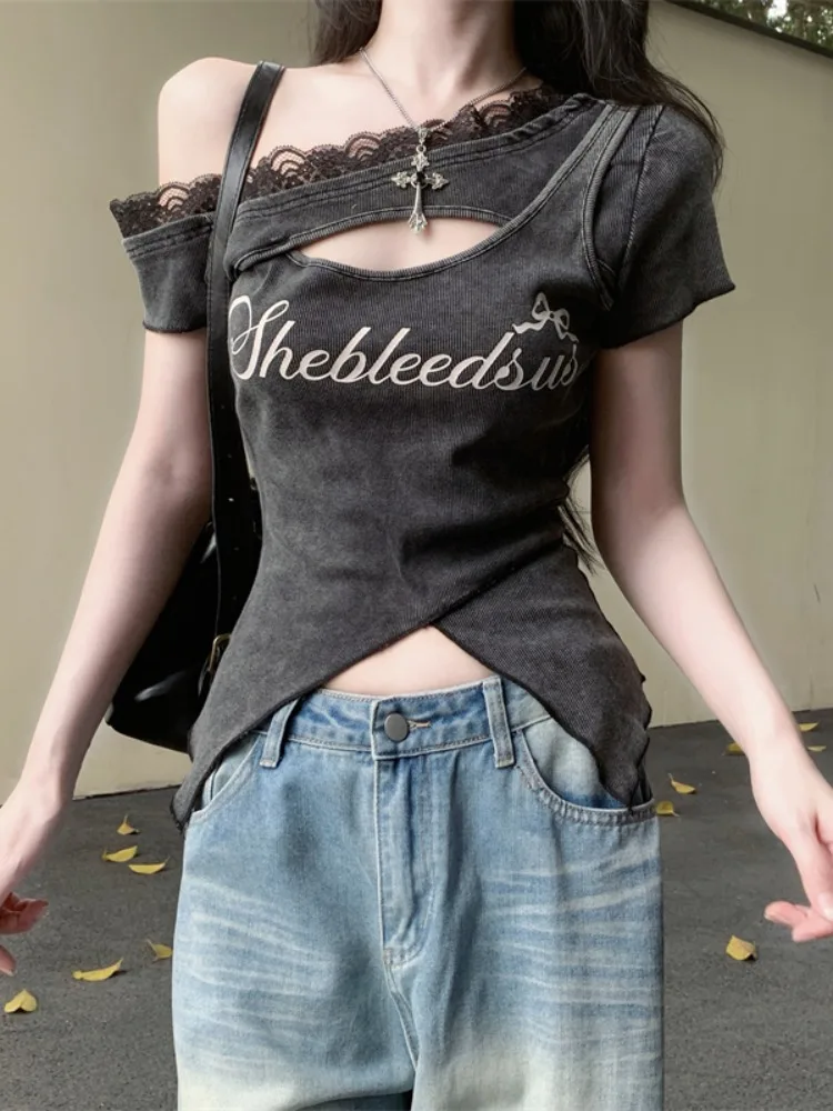 Korean Style Short Sleeve T-Shirt Women's Sweet Spicy Girl Lace Trim Hollow out Vintage Summer Letter Print Top Female
Korean Style Short Sleeve T-Shirt Women's Sweet Spicy Girl Lace Trim Hollow out Vintage Summer Letter Print Top Female