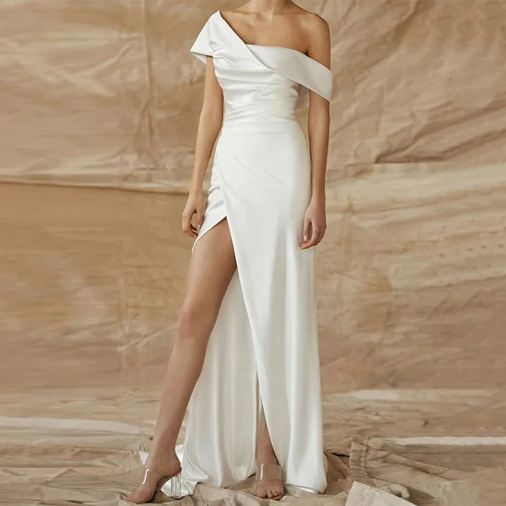Modern Wedding Dresses Long Satin Sheath/Column Off-the-shoulder Engagement Gown White One-shoulder Side Split Pleat Bridal Gown
Modern Wedding Dresses Long Satin Sheath/Column Off-the-shoulder Engagement Gown White One-shoulder Side Split Pleat Bridal Gown