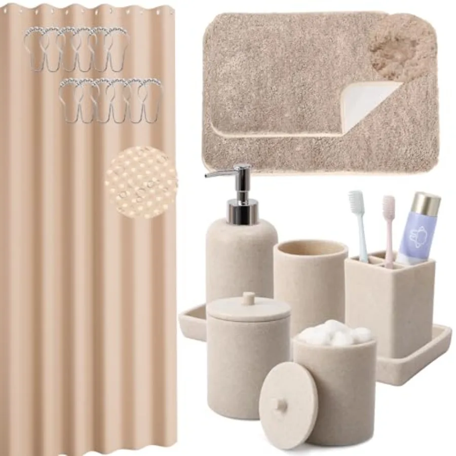 21 Pcs room Accessory with Waterproof Shower Curtain and Non Slip Mat with Toothbrush Holder and Lotion Soap Dispenser Bathroom
21 Pcs room Accessory with Waterproof Shower Curtain and Non Slip Mat with Toothbrush Holder and Lotion Soap Dispenser Bathroom