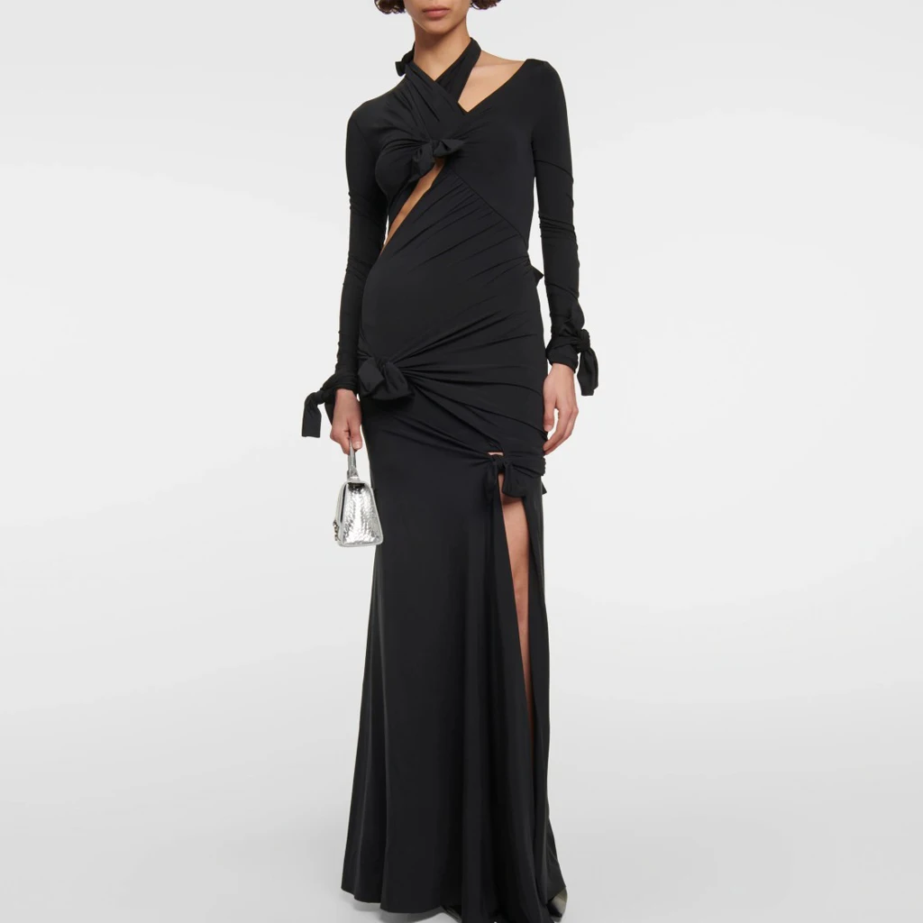 High Neck Long Sleeve Smooth Satin Straight Evening Dress With Boe Open Back Floor Length Prom Dresses Elegant
High Neck Long Sleeve Smooth Satin Straight Evening Dress With Boe Open Back Floor Length Prom Dresses Elegant