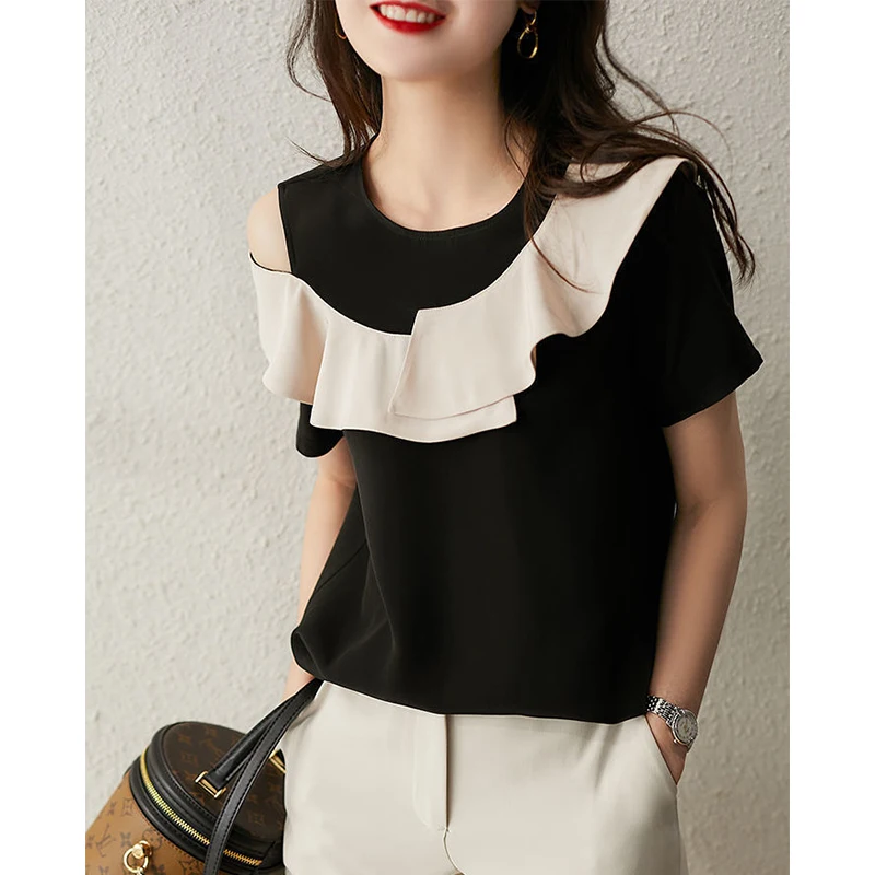 Summer Elegant Ruffles Off the Shoulder Pullover Chiffon Shirt Short Sleeve Temperament Top Women Patchwork Blouse JJ227
Summer Elegant Ruffles Off the Shoulder Pullover Chiffon Shirt Short Sleeve Temperament Top Women Patchwork Blouse JJ227