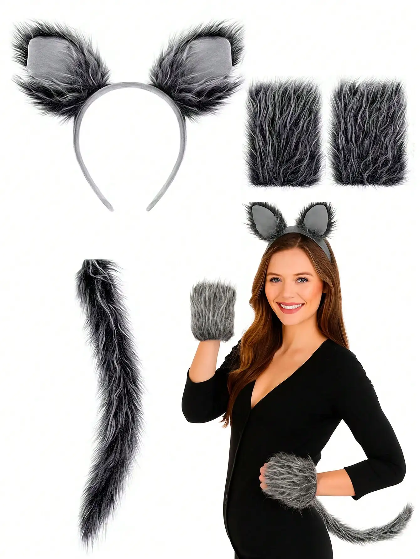 3-Piece Gray Wolf Costume Set with Ear Headband, Gloves, and Tail, Suitable for Halloween Role-Playing, Themed Parties, and Valentine's Day Stage Performance Decorations
3-Piece Gray Wolf Costume Set with Ear Headband, Gloves, and Tail, Suitable for Halloween Role-Playing, Themed Parties, and Valentine's Day Stage Performance Decorations
