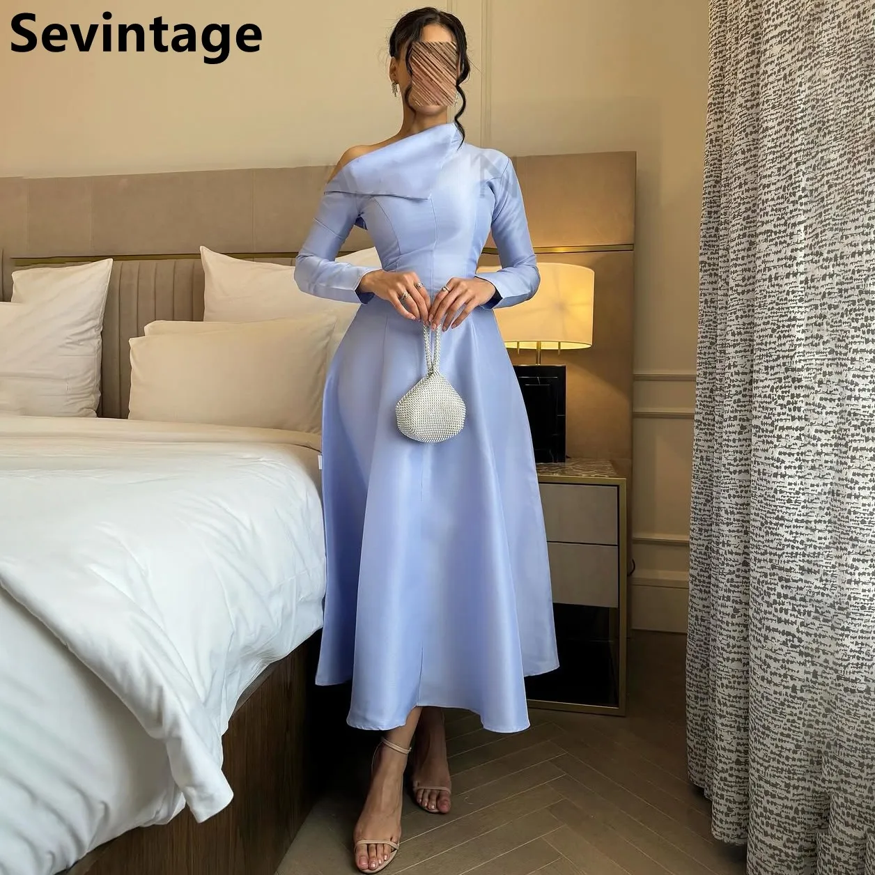 Sevintage 2025 Sky Blue Satin Tea Length Long Sleeve Evening Dress One Shoulder Prom Dress Dubai Formal Party Gown Customized
Sevintage 2025 Sky Blue Satin Tea Length Long Sleeve Evening Dress One Shoulder Prom Dress Dubai Formal Party Gown Customized