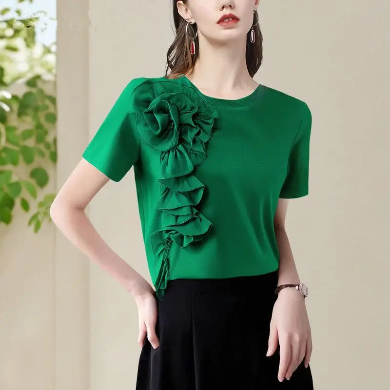 Elegant Green Solid Color T Shirt with Ruffled Floral Decoration Short Sleeve Women Office Top Regular Fit Summer
Elegant Green Solid Color T Shirt with Ruffled Floral Decoration Short Sleeve Women Office Top Regular Fit Summer