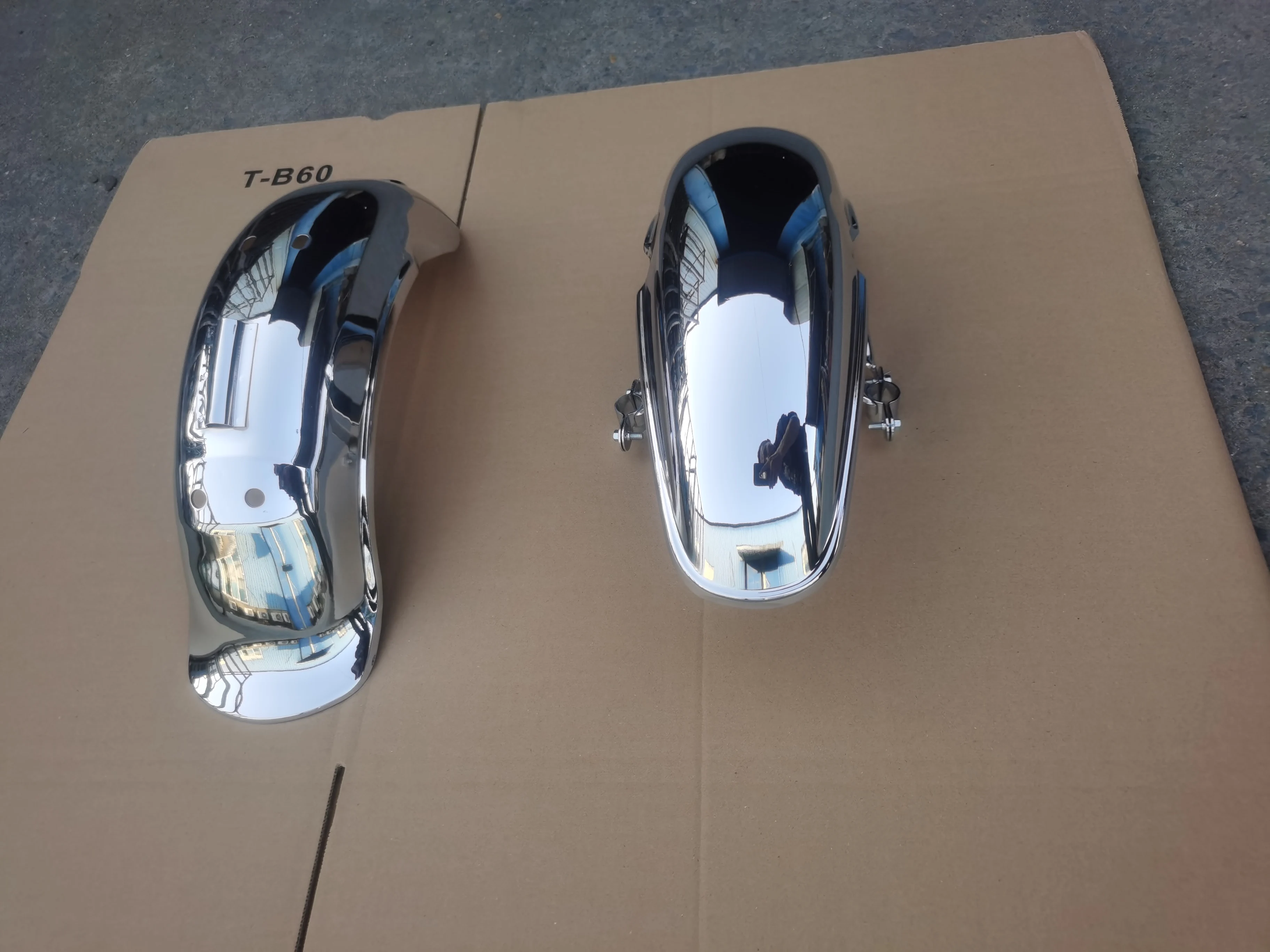 Front and Rear Chrome Iron Fenders, Chally Motorcycle Water baffle Reproduction
Front and Rear Chrome Iron Fenders, Chally Motorcycle Water baffle Reproduction