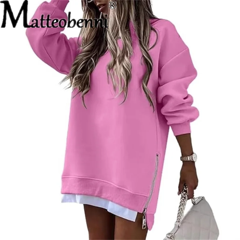 Women's Autumn Winter Fashion Casual Patchwork Side Zipper Design Sweatshirt Round Neck Long Sleeved Mid Length Loose Tops 2025
Women's Autumn Winter Fashion Casual Patchwork Side Zipper Design Sweatshirt Round Neck Long Sleeved Mid Length Loose Tops 2025