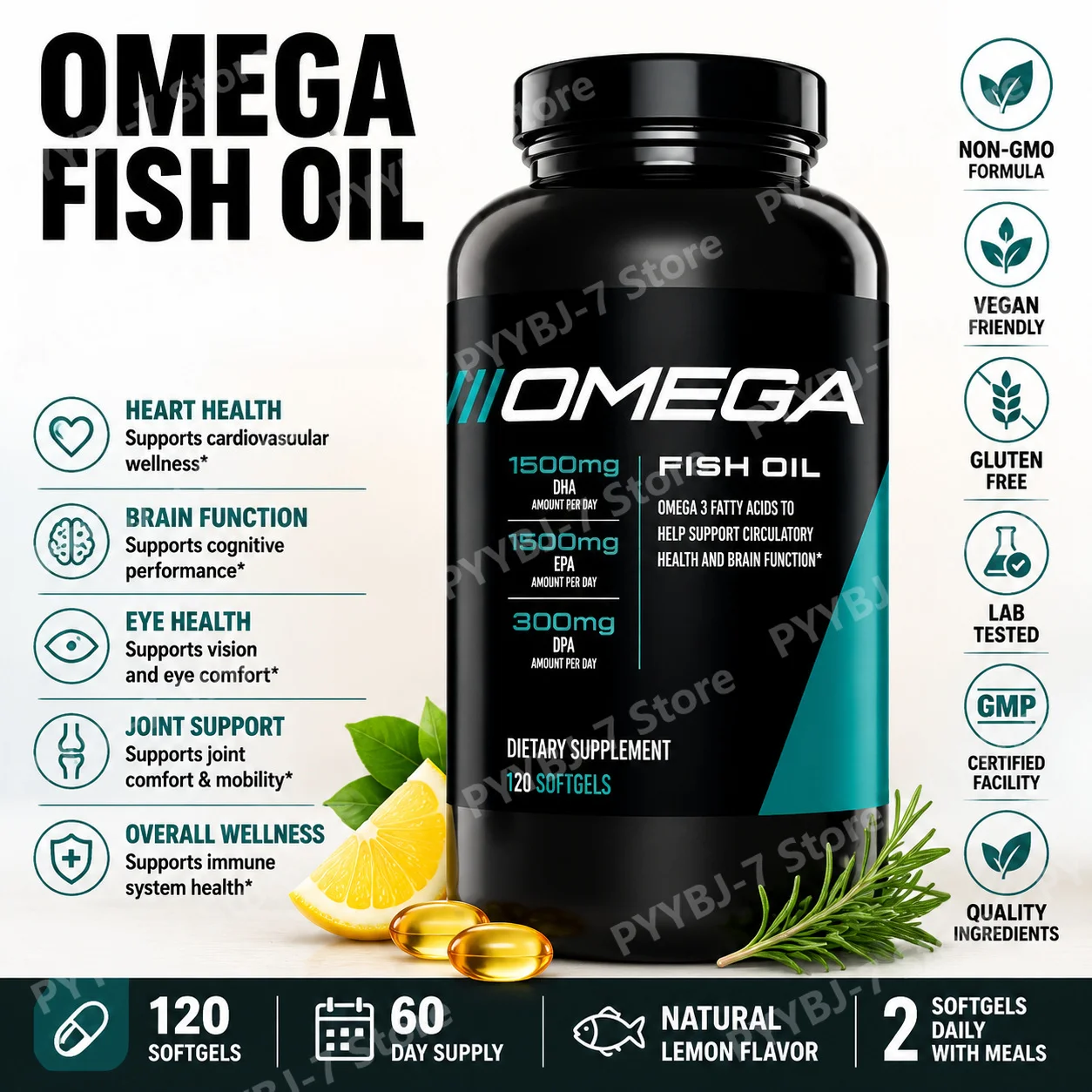 Omega-3 Softgels with EPA DHA DPA, Non-GMO, Gluten-Free, Daily Wellness Support, Brain and Heart Support 120 Capsules
Omega-3 Softgels with EPA DHA DPA, Non-GMO, Gluten-Free, Daily Wellness Support, Brain and Heart Support 120 Capsules