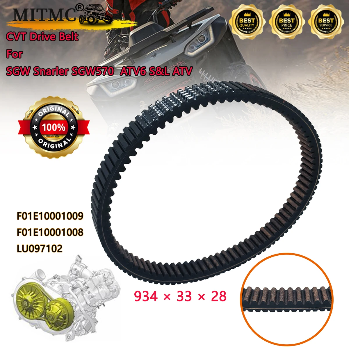 Original CVT Drive Belt 934x33x28 For SGW Snarler SGW570 ATV6 S&L ATV F01E10001009 F01E10001008 LU097102
Original CVT Drive Belt 934x33x28 For SGW Snarler SGW570 ATV6 S&L ATV F01E10001009 F01E10001008 LU097102