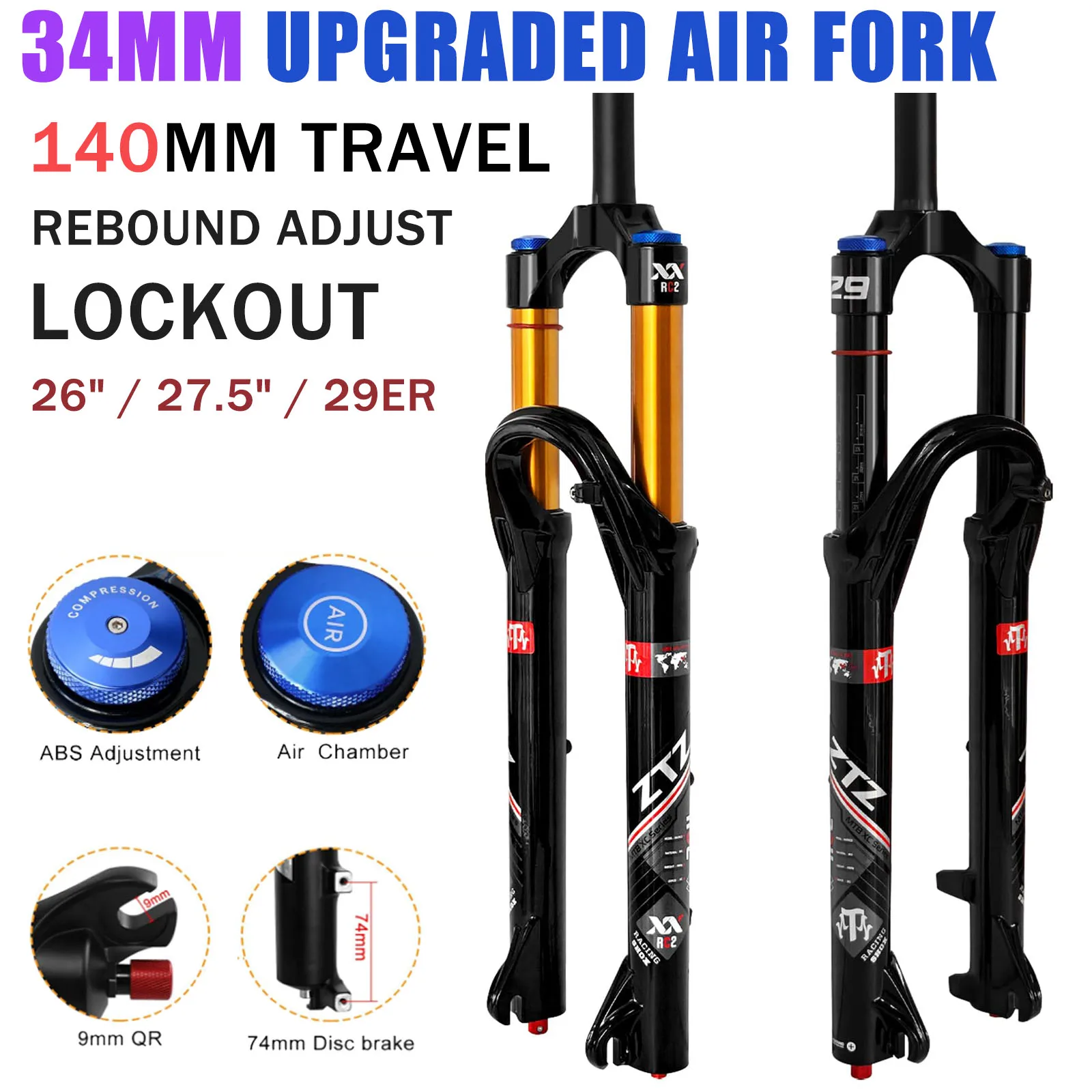 26/27.5/29 Inch MTB Air Suspension Fork 34mm Stanchions 140mm Travel Rebound Adjustment Straight Steerer 9x100mm QR Manual Lockout Mountain Bike Front Fork for XC AM
26/27.5/29 Inch MTB Air Suspension Fork 34mm Stanchions 140mm Travel Rebound Adjustment Straight Steerer 9x100mm QR Manual Lockout Mountain Bike Front Fork for XC AM