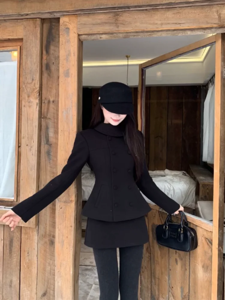 Black Woolen Suit Jacket Women's Short Skirt Set Korean Style Slim Fit Waist Cinched Spring Fashion Ensemble
Black Woolen Suit Jacket Women's Short Skirt Set Korean Style Slim Fit Waist Cinched Spring Fashion Ensemble
