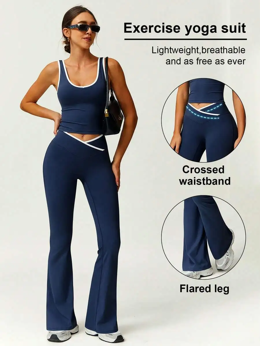 Women 2 Piece Yoga Set With Crossed Waistband And Flared Leg Pants
Women 2 Piece Yoga Set With Crossed Waistband And Flared Leg Pants