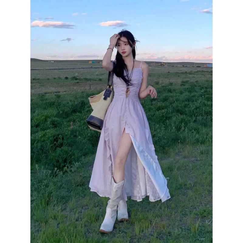 Summer Stunning Purple Unique Beautiful Waist-Cinching Long Dress Vacation Style Lace Patchwork Pleated Strap Dress Summer
Summer Stunning Purple Unique Beautiful Waist-Cinching Long Dress Vacation Style Lace Patchwork Pleated Strap Dress Summer