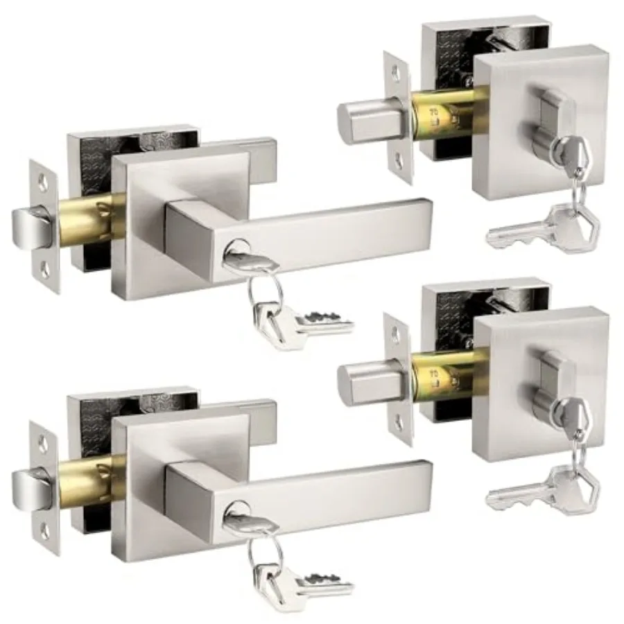 Square Entry Levers and Single Cylinder Deadbolts Combo Pack, Satin Nickel Keyed Alike Heavy Duty Keyed Entry Handles Locksets
Square Entry Levers and Single Cylinder Deadbolts Combo Pack, Satin Nickel Keyed Alike Heavy Duty Keyed Entry Handles Locksets