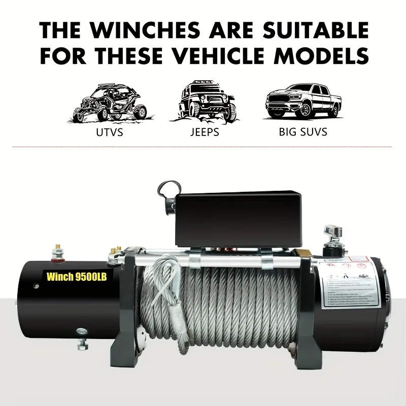 9500 Lbs 12V Heavy-Duty Truck Winch Featuring an Electric Mechanism, Industrial Steel Cable, And a Wireless Remote Control. It
9500 Lbs 12V Heavy-Duty Truck Winch Featuring an Electric Mechanism, Industrial Steel Cable, And a Wireless Remote Control. It
