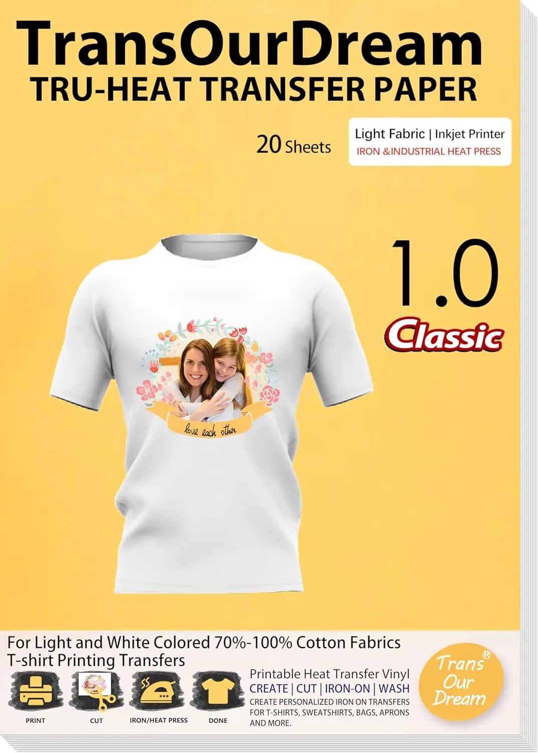 Heat Transfer Paper for T Shirts (20 Sheets, 8.5x11") Printable Iron on for Light Fabrics
Heat Transfer Paper for T Shirts (20 Sheets, 8.5x11") Printable Iron on for Light Fabrics