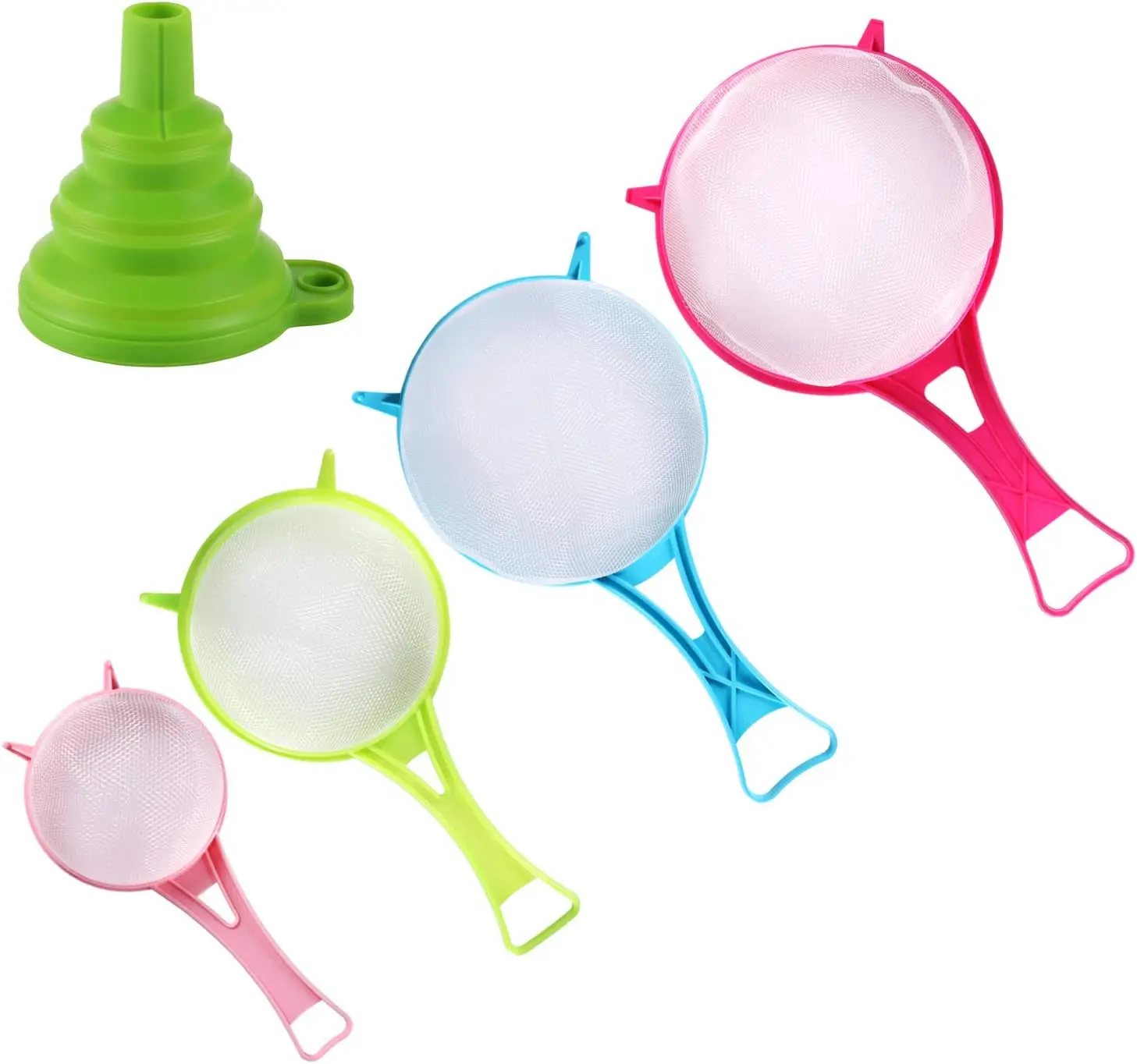 4-Piece Plastic Mesh Strainer Colander Set with Long Handle, Fine Sieve for Soy Milk Flour, and Silicone Foldable Funnel
4-Piece Plastic Mesh Strainer Colander Set with Long Handle, Fine Sieve for Soy Milk Flour, and Silicone Foldable Funnel
