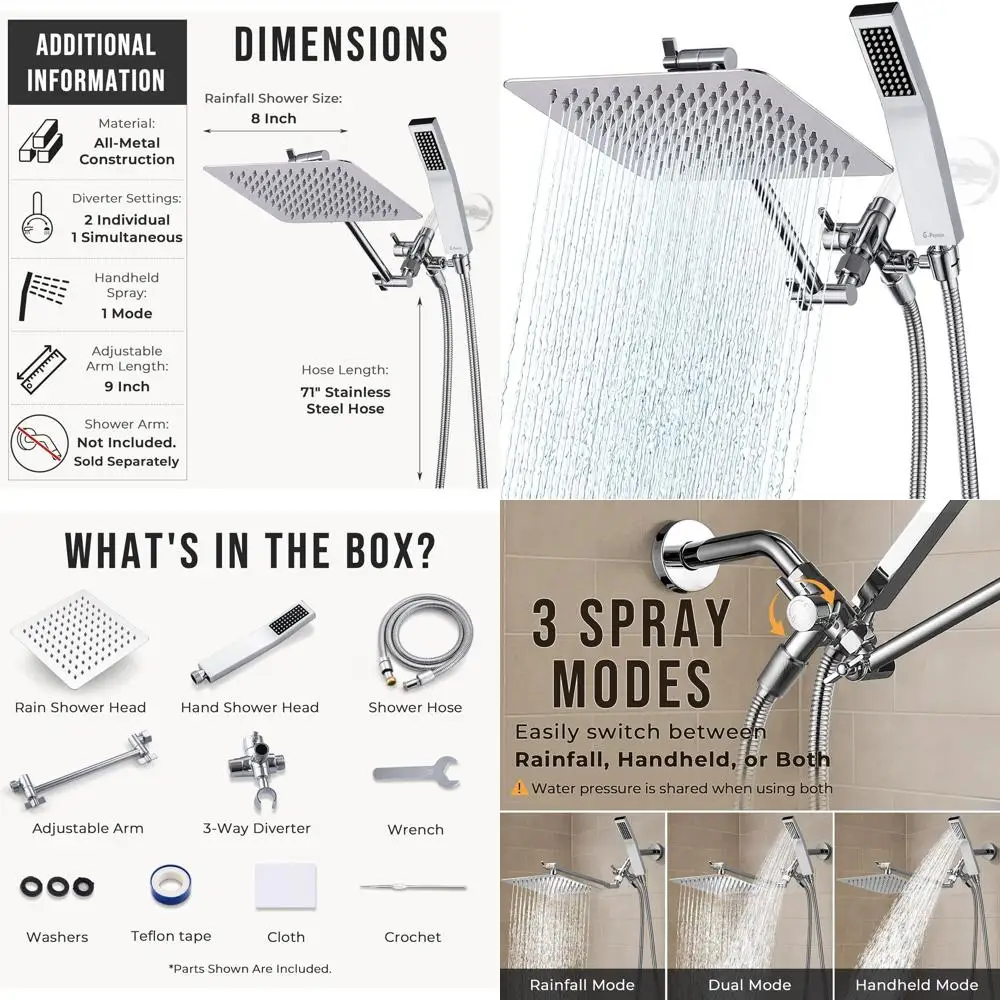 8 Chrome Dual Square Shower with Handheld, Rain & 3-Way Diverter, 71 Hose, Adjustable Arm
8 Chrome Dual Square Shower with Handheld, Rain & 3-Way Diverter, 71 Hose, Adjustable Arm