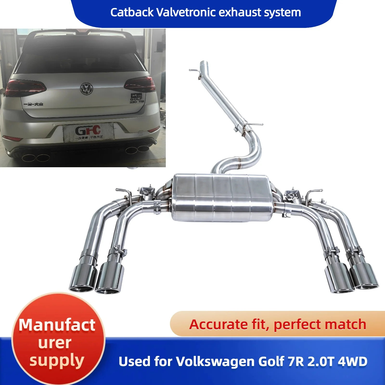 GFC is suitable for the Volkswagen Golf 7.5R 7R 2.0T 304 Stainless Steel Crosshole Cannon Catback Valvetronic Exhaust System
GFC is suitable for the Volkswagen Golf 7.5R 7R 2.0T 304 Stainless Steel Crosshole Cannon Catback Valvetronic Exhaust System