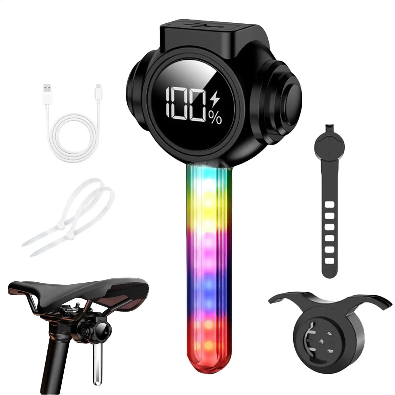 Smart bicycle taillight Brake Sensing RGB 9 Modes Rechargeable 9 lighting modes digital battery level display Type-C charging
Smart bicycle taillight Brake Sensing RGB 9 Modes Rechargeable 9 lighting modes digital battery level display Type-C charging