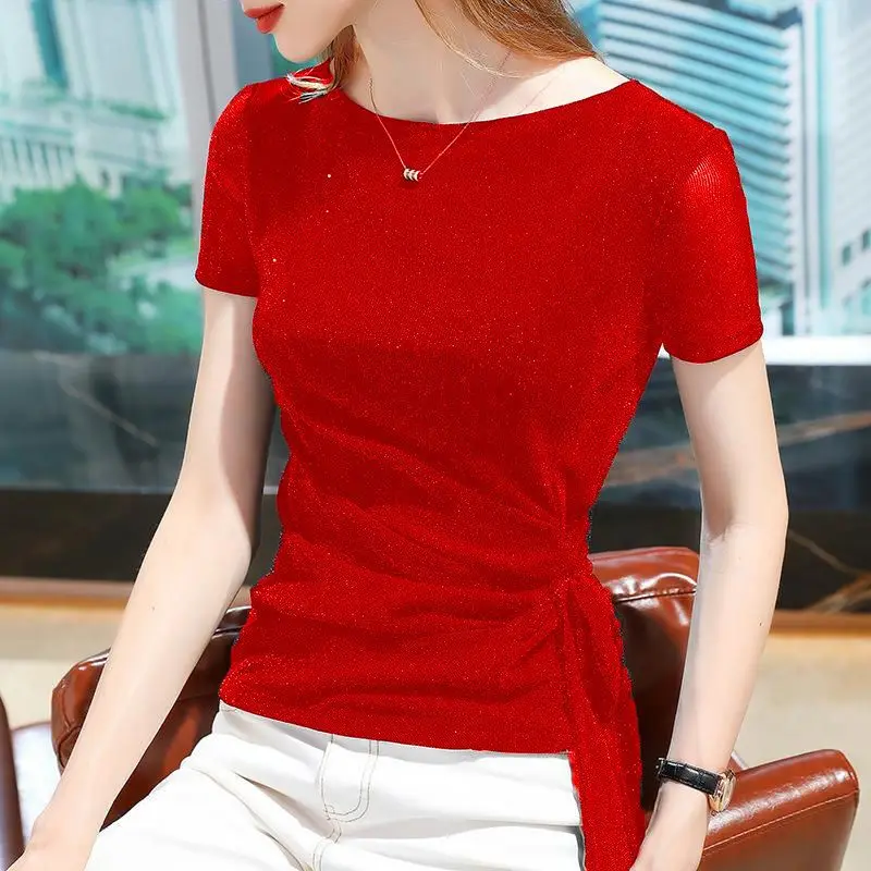 Elegant Gauze Bright Silk Folds Lace Up T-Shirts Women Clothing Summer New Slim Solid Color Chic Tops Office Lady Tee Shirt
Elegant Gauze Bright Silk Folds Lace Up T-Shirts Women Clothing Summer New Slim Solid Color Chic Tops Office Lady Tee Shirt