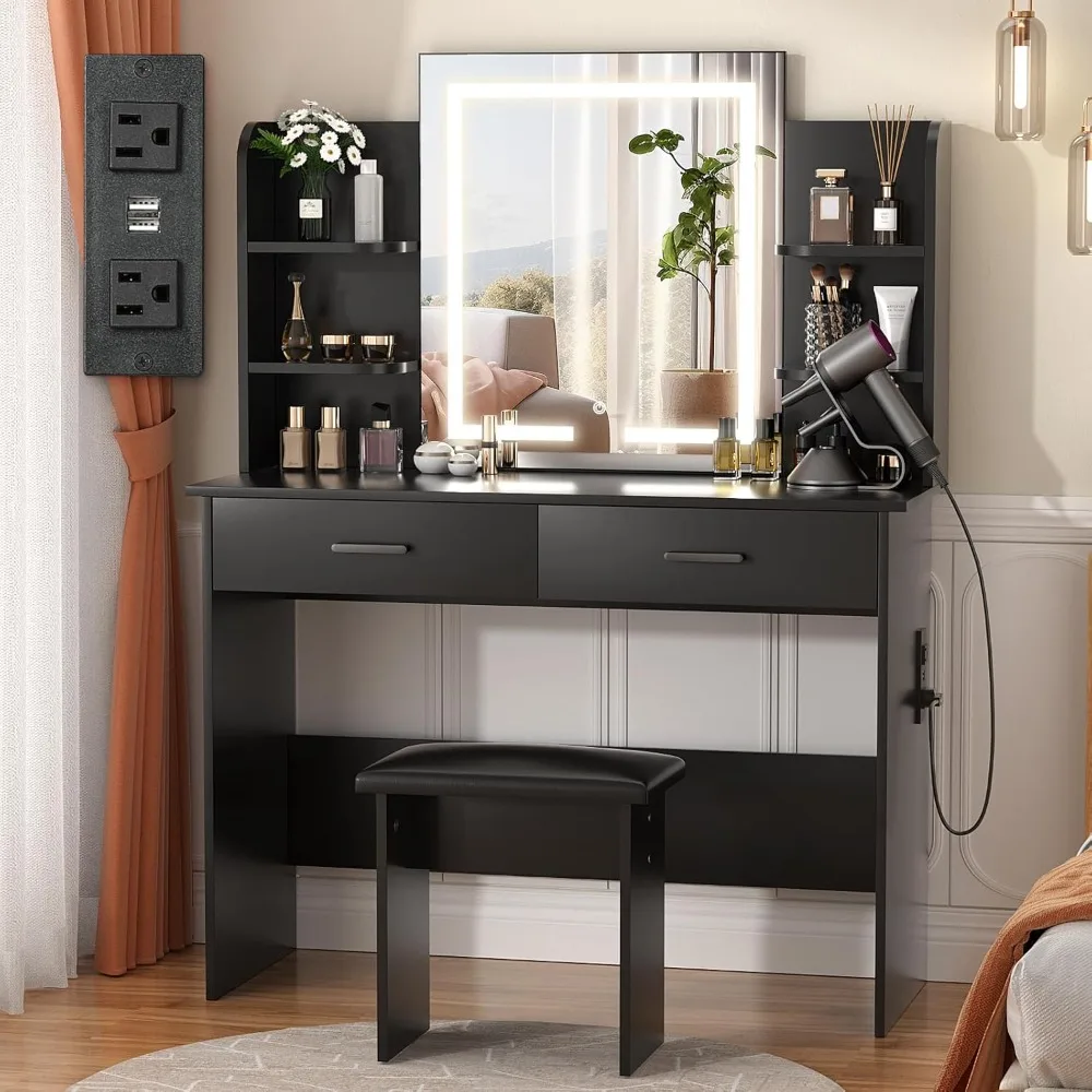 Lighted Mirror, Makeup Vanity Desk with Power Outlet, 3 Color Light Options, Vanity Table with 6 Storage Shelves, 2 Large Drawer
Lighted Mirror, Makeup Vanity Desk with Power Outlet, 3 Color Light Options, Vanity Table with 6 Storage Shelves, 2 Large Drawer