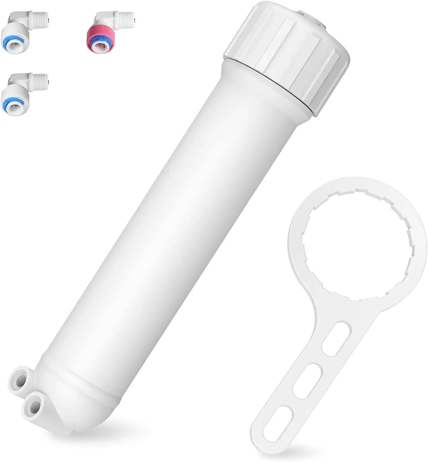 1812/2012 24-150 GPD Reverse Osmosis Membrane Filter Housing Replacement with Elbow Fittings, Housing Wrench, Check Valve
1812/2012 24-150 GPD Reverse Osmosis Membrane Filter Housing Replacement with Elbow Fittings, Housing Wrench, Check Valve