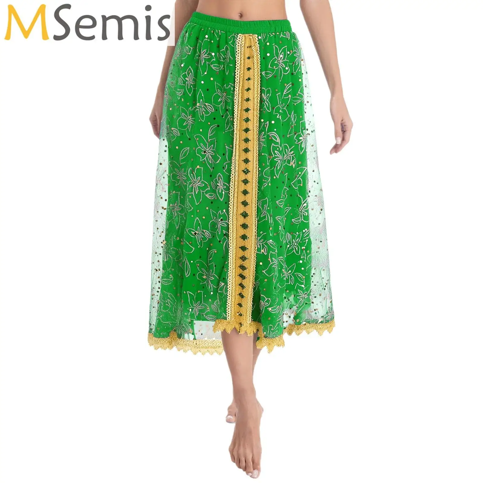 Womens Belly Dance Maxi Skirt Shiny Mesh Gold Trim Tiered Skirt Elastic Waist Swing Skirt India Dance Folk Dance Costume
Womens Belly Dance Maxi Skirt Shiny Mesh Gold Trim Tiered Skirt Elastic Waist Swing Skirt India Dance Folk Dance Costume