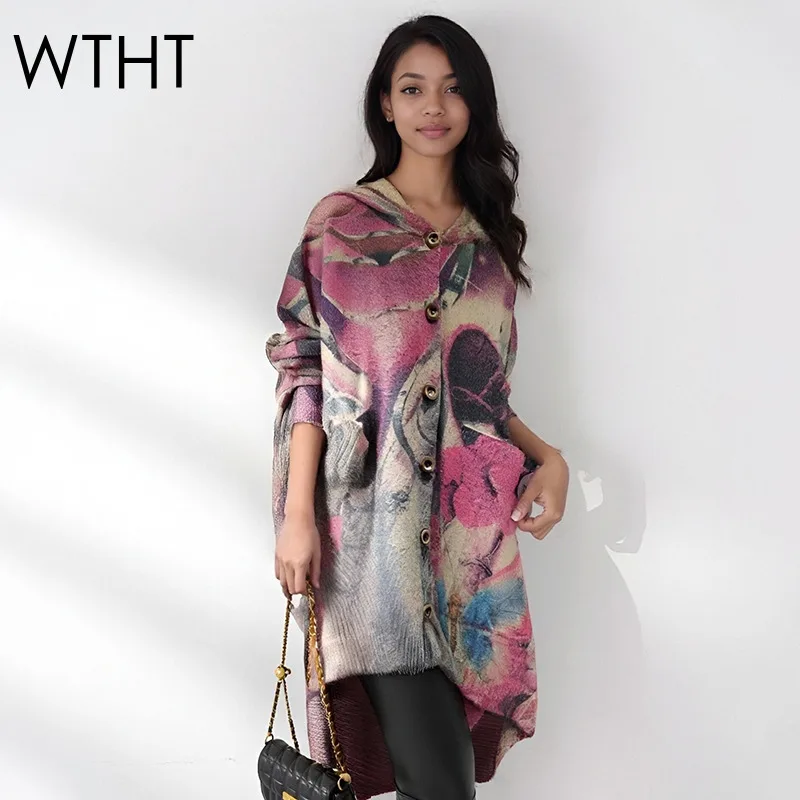 WTHT New Fashion Women's Heart Print Loose Hooded Knit Cardigan 2025 Autumn Trendy Long Sleeves Sweater Female 1LS2452 
WTHT New Fashion Women's Heart Print Loose Hooded Knit Cardigan 2025 Autumn Trendy Long Sleeves Sweater Female 1LS2452