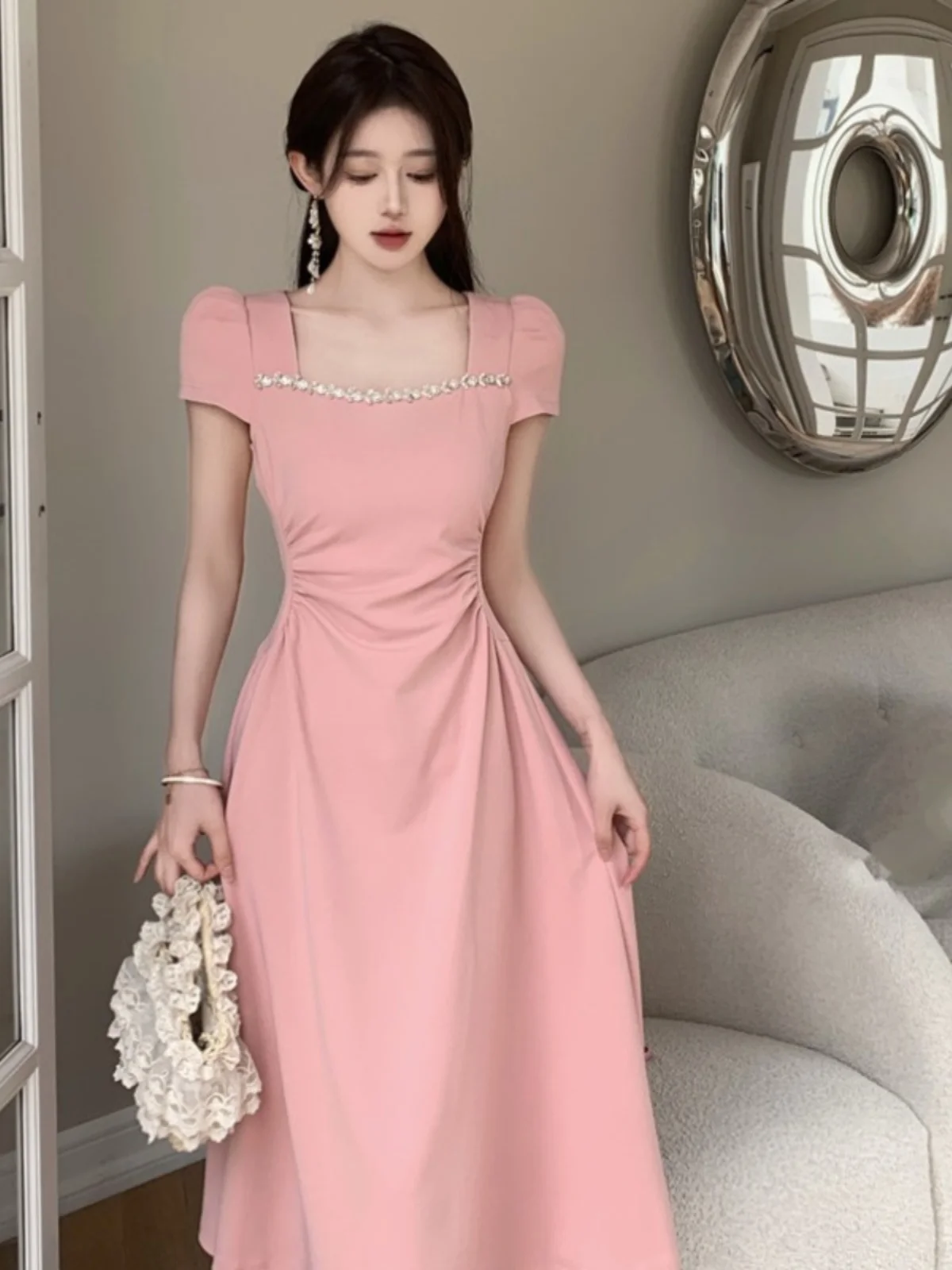 Pink Square Collar Dress Beautiful Waist Cinching Summer New plus Size Women's Long Dress Korean Style Commute High Waist A-L...
Pink Square Collar Dress Beautiful Waist Cinching Summer New plus Size Women's Long Dress Korean Style Commute High Waist A-L...