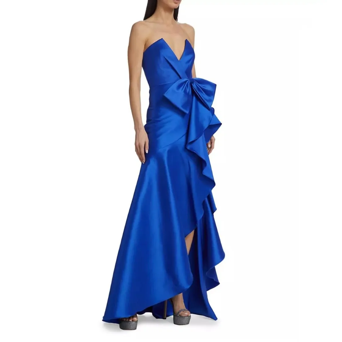 Длинные королевские синие вечерние платья с v-образным вырезом по индивидуальному заказу и оборками, атласные плиссированные платья русалки длиной до пола для женщин 
Длинные королевские синие вечерние платья с v-образным вырезом по индивидуальному заказу и оборками, атласные плиссированные платья русалки длиной до пола для женщин