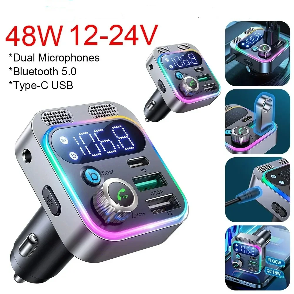Bluetooth 5.0 FM Transmitter 48W USB PD&QC3.0 Car Charger Dual Mics Deep Bass Sound with Voltage Display Hands-Free Call Adapter
Bluetooth 5.0 FM Transmitter 48W USB PD&QC3.0 Car Charger Dual Mics Deep Bass Sound with Voltage Display Hands-Free Call Adapter