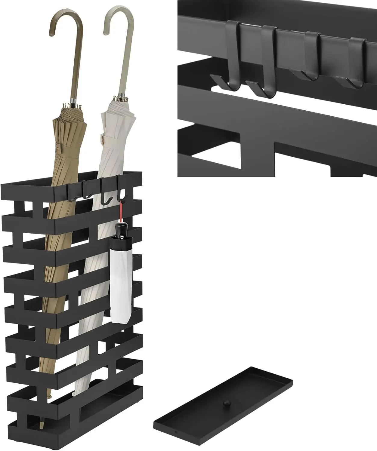 Umbrella Stands for Entryway Large Metal Umbrella Holder 3.94 x 11.81 x 16.93 Inches with Removable Water Tray and Hooks Decor
Umbrella Stands for Entryway Large Metal Umbrella Holder 3.94 x 11.81 x 16.93 Inches with Removable Water Tray and Hooks Decor