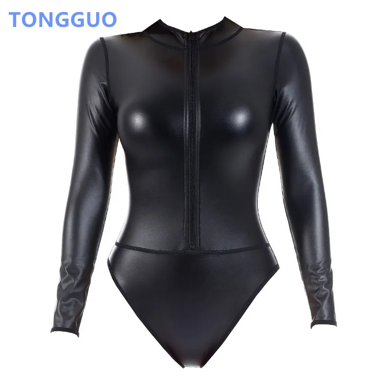 Sexy Women Body Shaper Lingerie Front Zipper High Neck Long sleeves Faux Leather Bodysuit Stage Performance One Pieces Jumpsuits
Sexy Women Body Shaper Lingerie Front Zipper High Neck Long sleeves Faux Leather Bodysuit Stage Performance One Pieces Jumpsuits